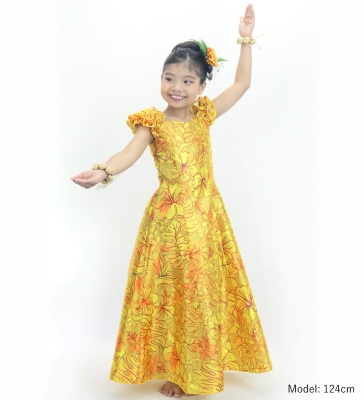 Hula Kids Long Dress with Hawaiian Flower Print / Luxury Collection / Dark Yellow/ Jp153dye