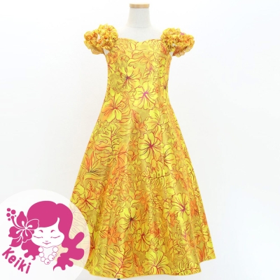Hula Kids Long Dress with Hawaiian Flower Print / Luxury Collection / Dark Yellow/ Jp153dye