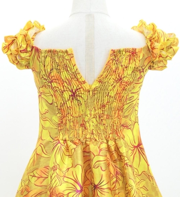 Hula Kids Long Dress with Hawaiian Flower Print / Luxury Collection / Dark Yellow/ Jp153dye
