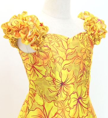 Hula Kids Long Dress with Hawaiian Flower Print / Luxury Collection / Dark Yellow/ Jp153dye