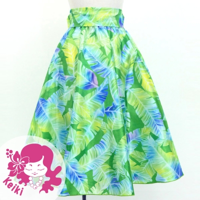 Hula Kids Long Shantung Circular Skirt with Banana Leaf Print / Yellow Green / Jp170-1
