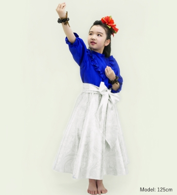 Hula Kids Long Shantung Circular Skirt with Kahiko & Hibiscus Print / White / Jp170-2
