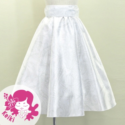 Hula Kids Long Shantung Circular Skirt with Kahiko & Hibiscus Print / White / Jp170-2