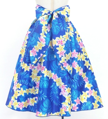 Hula Kids Long Shantung Circular Skirt with Plumeria Lei Print / Blue / Jp170-3