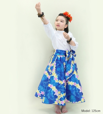 Hula Kids Long Shantung Circular Skirt with Plumeria Lei Print / Blue / Jp170-3
