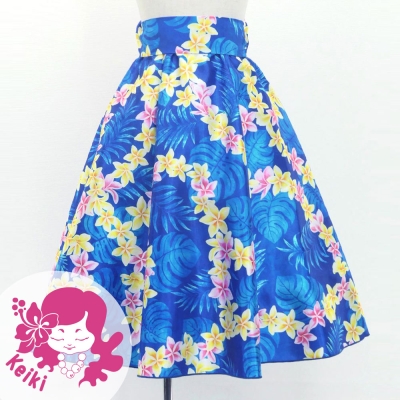 Hula Kids Long Shantung Circular Skirt with Plumeria Lei Print / Blue / Jp170-3
