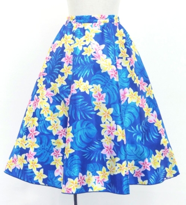 Hula Kids Long Shantung Circular Skirt with Plumeria Lei Print / Blue / Jp170-3