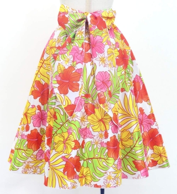 Hula Kids Long Shantung Circular Skirt with Hibiscus Print / White & Red / Jp170-4