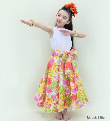 Hula Kids Long Shantung Circular Skirt with Hibiscus Print / White & Red / Jp170-4