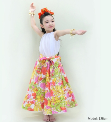 Hula Kids Long Shantung Circular Skirt with Hibiscus Print / White & Red / Jp170-4