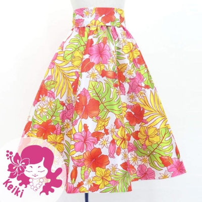 Hula Kids Long Shantung Circular Skirt with Hibiscus Print / White & Red / Jp170-4