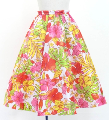Hula Kids Long Shantung Circular Skirt with Hibiscus Print / White & Red / Jp170-4