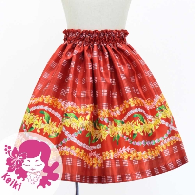Hula Kids Shantung Pa'u Skirt with Palaka & Lei Print / Luxury Collection / Red / Jp171rd