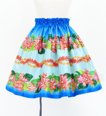 Hula Kids Shantung Pa'u Skirt with Cattleya Lei Print / Luxury Collection / Blue / Jp177bl
