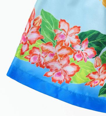 Hula Kids Shantung Pa'u Skirt with Cattleya Lei Print / Luxury Collection / Blue / Jp177bl