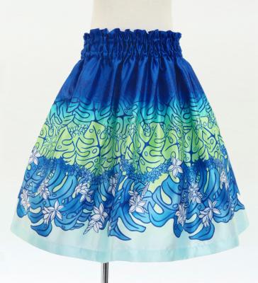 Hula Kids Shantung Pa'u Skirt with Plumeria & Monstera Print / Luxury Collection / Blue / Jp216bl