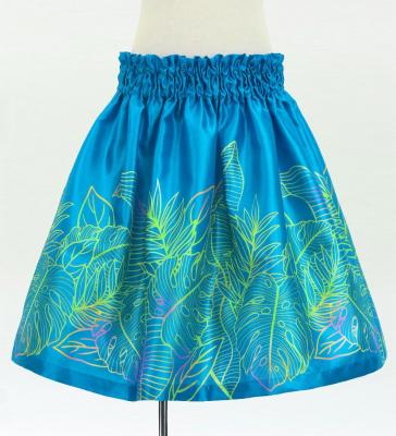 Hula Kids Shantung Pa'u Skirt with Hawaiian Leaf Print / Luxury Collection / Blue / Jp225bl