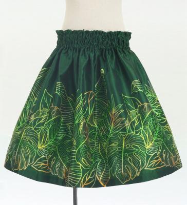 Hula Kids Shantung Pa'u Skirt with Hawaiian Leaf Print / Luxury Collection / Green / Jp225gr