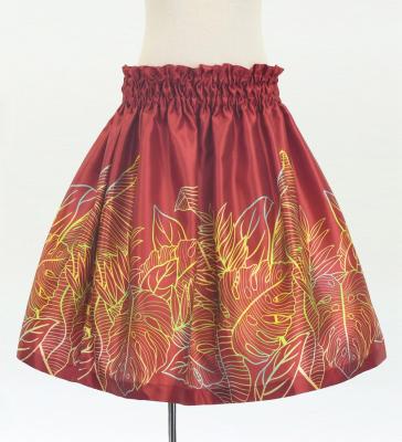 Hula Kids Shantung Pa'u Skirt with Hawaiian Leaf Print / Luxury Collection / Red / Jp225rd
