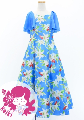 Hula Kids Frill Sleeve Long Dress with Lily Print / Luxury Collection / Blue / Jp79bl