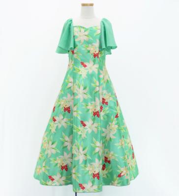 Hula Kids Frill Sleeve Long Dress with Lily Print / Luxury Collection / Green / Jp79gr