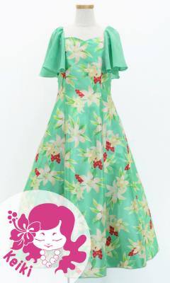 Hula Kids Frill Sleeve Long Dress with Lily Print / Luxury Collection / Green / Jp79gr