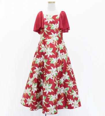 Hula Kids Frill Sleeve Long Dress with Lily Print / Luxury Collection / Red / Jp79rd