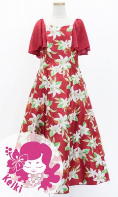 Hula Kids Frill Sleeve Long Dress with Lily Print / Luxury Collection / Red / Jp79rd
