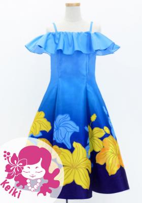 Hula Kids Midi Dress with Hibiscus Print / Luxury Collection / Blue / Jp80bl