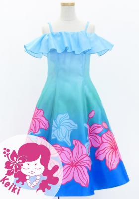 Hula Kids Midi Dress with Hibiscus Print / Luxury Collection / Light Blue / Jp80lbl