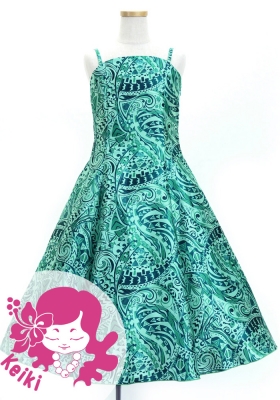 Hula Kids Shantung Dress with Kahiko&Moana Print / Luxury Collection / Turquoise Blue / Jp89tbl
