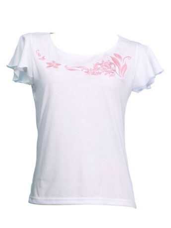 Hula T-shirt / Frilled Sleeve with Plumeria embroidery  / GKD1piw