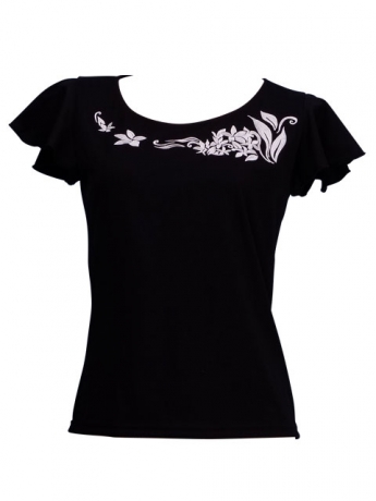 Hula T-shirt / Frilled Sleeve with Plumeria embroidery  / GKD1wb