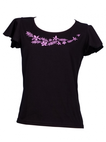 Hula T-shirt / Frilled Sleeve with Hibiscus embroidery / GKD3pb