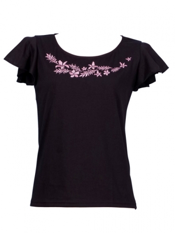 Hula T-shirt / Frilled Sleeve with Hibiscus embroidery / GKD3pib