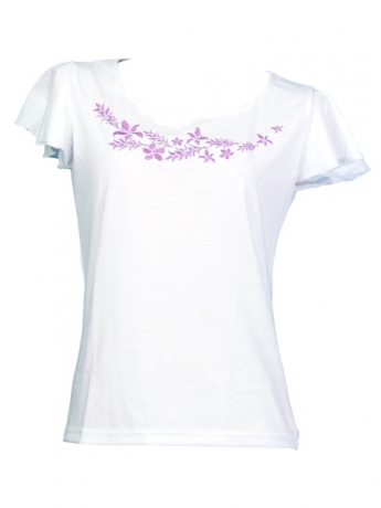 Hula T-shirt / Frilled Sleeve with Hibiscus embroidery / GKD3pw