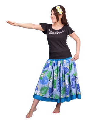 Hula T-shirt / Frilled Sleeve with Hibiscus embroidery / GKD3wb