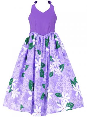 Hula Kids Keiki Long Halterneck Dress with Tiare Print / Lavender / Gcw35
