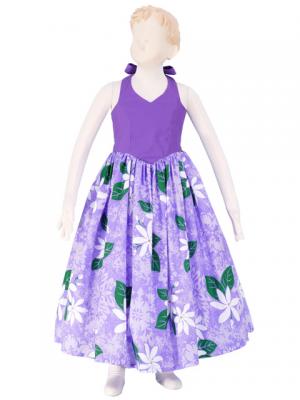 Hula Kids Keiki Long Halterneck Dress with Tiare Print / Lavender / Gcw35