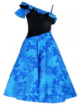 Hula Kids One Shoulder Dress with Velvet & Orchid Print / Blue / Gcw53