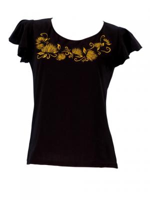 Hula T-shirt / Frilled Sleeve with lehua embroidery / GKD7gb