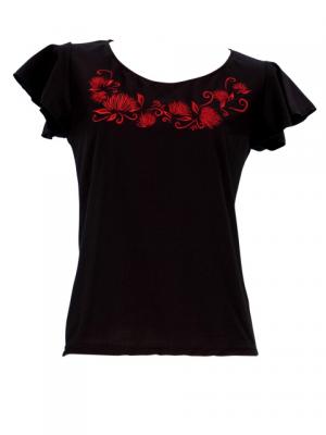 Hula T-shirt / Frilled Sleeve with lehua embroidery / GKD7rb