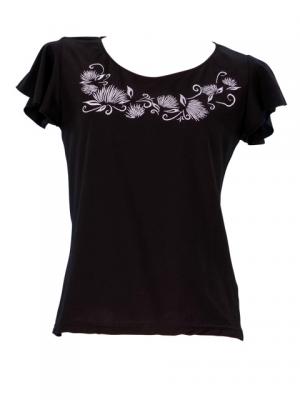 Hula T-shirt / Frilled Sleeve with lehua embroidery / GKD7sb