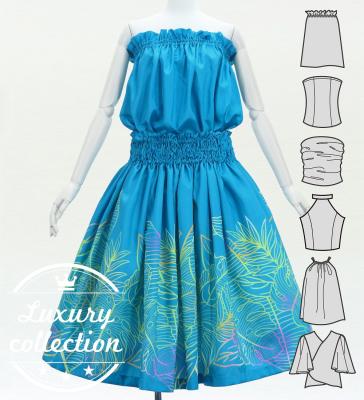Hula Blouse & Pa'u Set-Up with Hawaiian Leaf Print / Luxury Collection / Blue / J3311bl