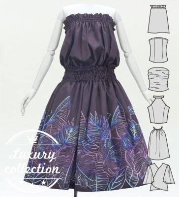 Hula Blouse & Pa'u Set-Up with Hawaiian Leaf Print / Luxury Collection / Dark Purple / J3311dpu