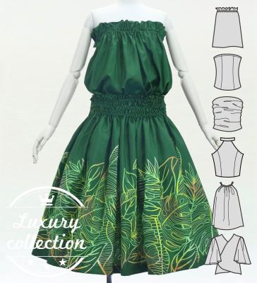 Hula Blouse & Pa'u Set-Up with Hawaiian Leaf Print / Luxury Collection / Green / J3311gr