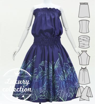 Hula Blouse & Pa'u Set-Up with Hawaiian Leaf Print / Luxury Collection / Navy / J3311nv