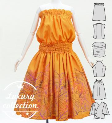 Hula Blouse & Pa'u Set-Up with Hawaiian Leaf Print / Luxury Collection / Orange / J3311or