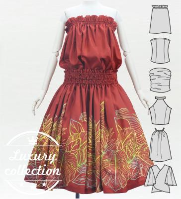 Hula Blouse & Pa'u Set-Up with Hawaiian Leaf Print / Luxury Collection / Red / J3311rd