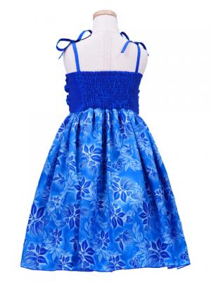 Hula Kids Drape Satin Dress with Lehua Print / Blue / Gp28bl